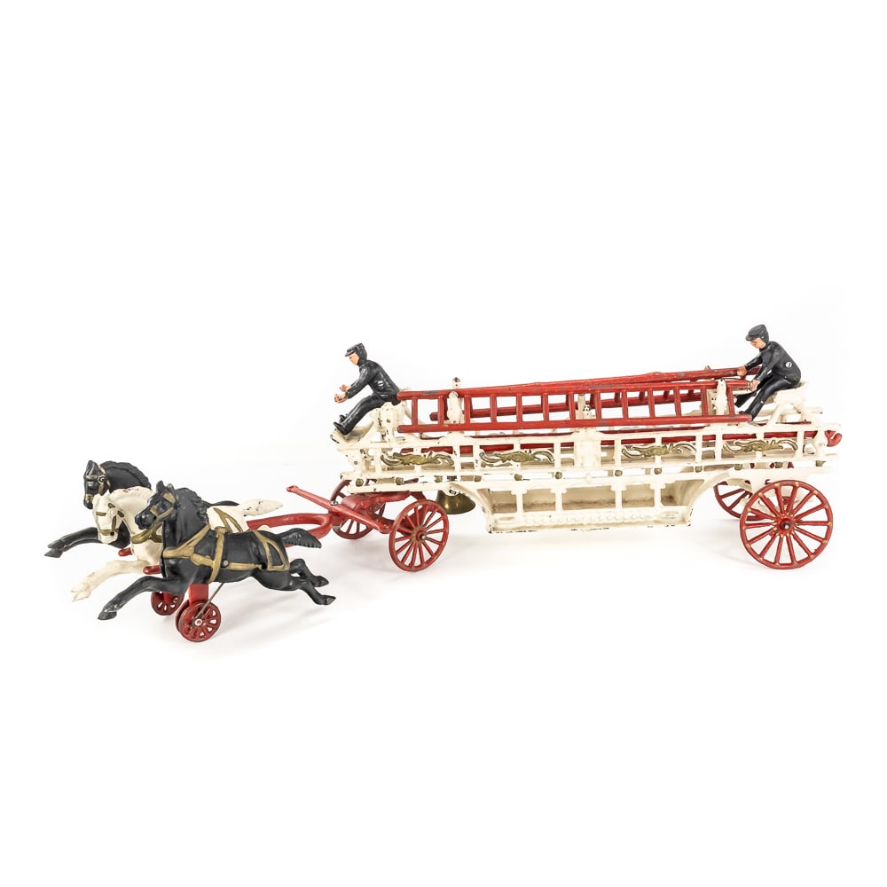 Vintage Three Horse Cast Iron 30' Toy Fire Truck: Vintage cast iron 3 horse drawn hook & ladder 30" toy fire truck. Presents very well with attractive red on white color combination featuring removable extension ladders and seated firemen. Good to ve