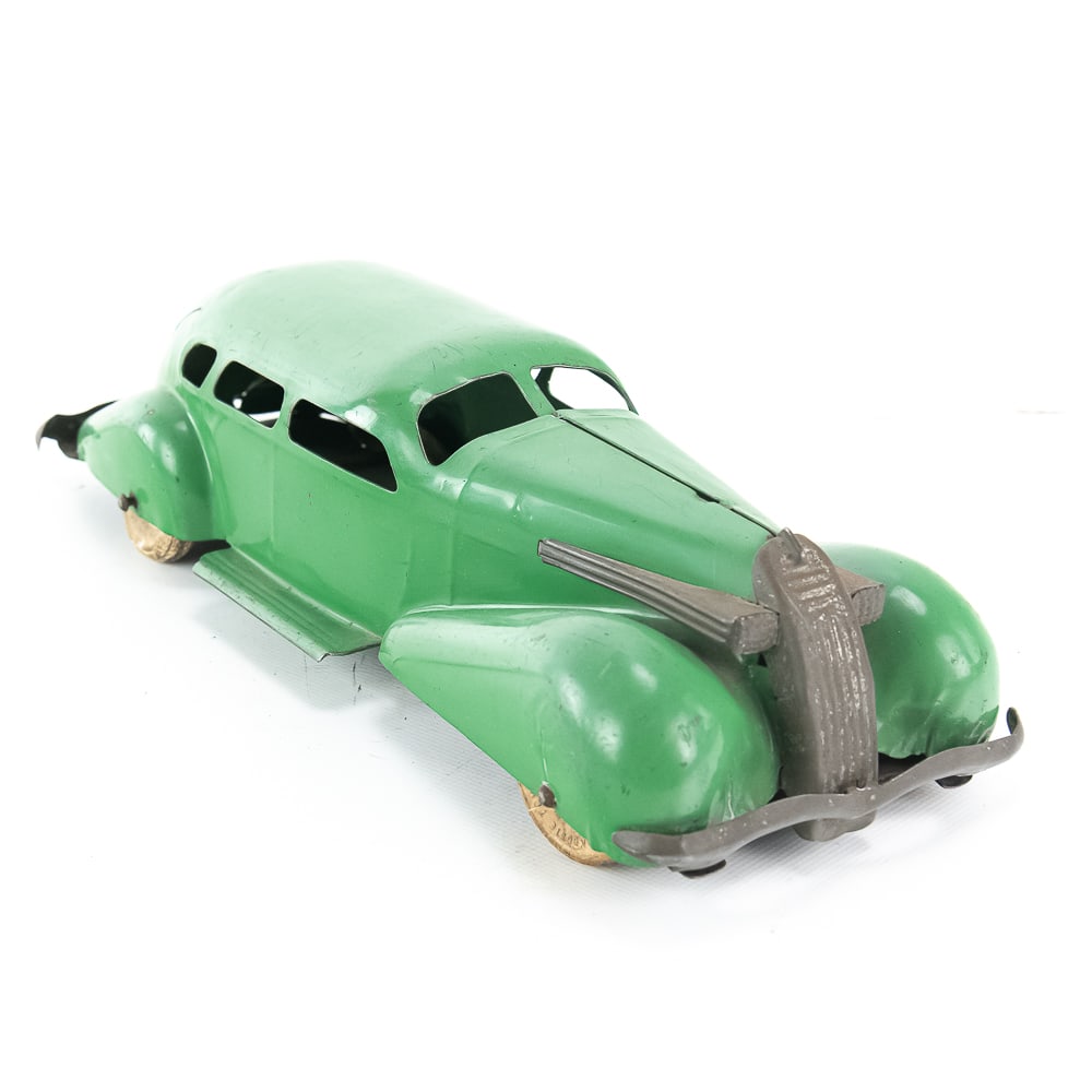 1930s Wyandotte LaSalle Pressed Steel Toy Sedan: 1930s Wyandotte pressed steel LaSalle toy sedan missing camper. Good overall condition with age and wear related cosmetic imperfections- including surface scratches, Dry Rotted Bent rubber tires &