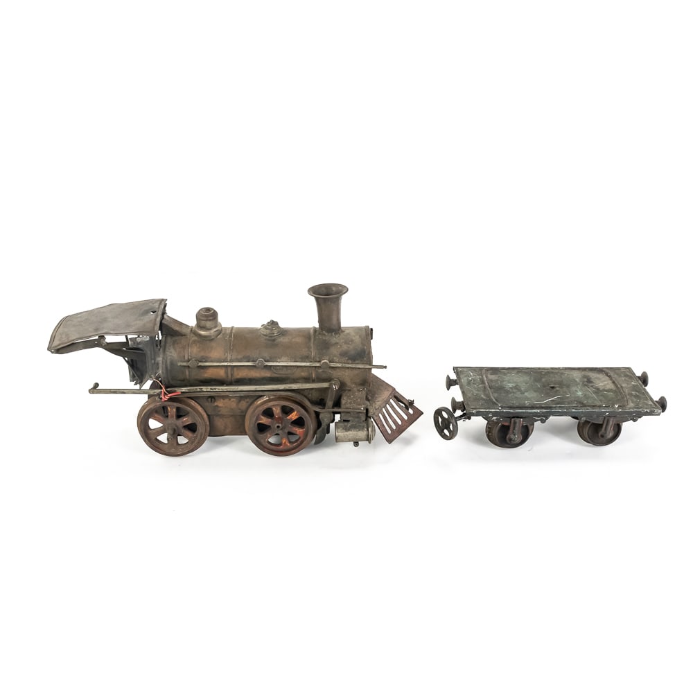 Early Clockwork Steam O gauge Engine & Flat Car - 5