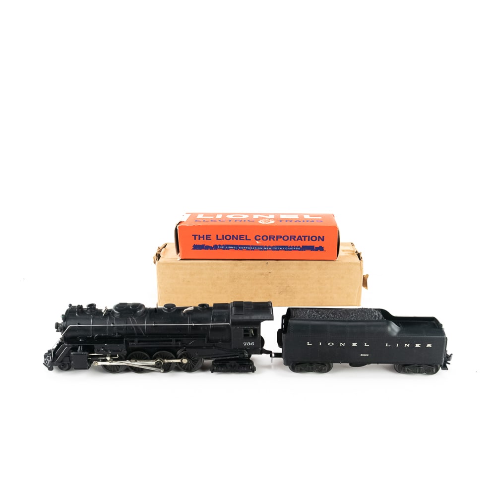 Lionel #736 Berkshire Locomotive w #2046W Tender: Lionel no. 736 Berkshire Steam Engine Locomotive perfectly accented with Lionel no. 2046W Tender w whistle. Both in very good overall condition with some signs of age and wear; still featured inside