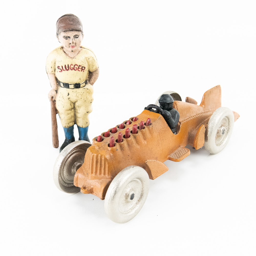 Hubley Cast Iron Race Car and Slugger Still Bank (1 of 12)