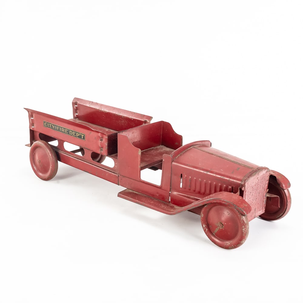 20s Steelcraft JC Penny Little Jim Toy Fire Truck: 1920s Steelcraft JC Penny "Little Jim" City Fire Department 20" pressed steel toy fire truck Present well with attractive color and graphics, in good overall condition with age and wear related