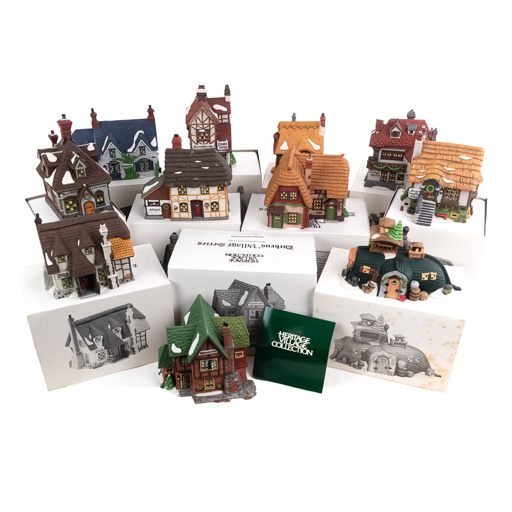 Dickens Village Heritage Village Painted Porcelain: Dickens Village Series assortment including Maylie Cottage, Brownlow Cottage, Mr & Mrs Pickle, Cobb Cottage, Browning Cottage, Lomas LTD, NYE Cloaks, Wheat Cakes & Pudding and David Copperfield Betsy 
