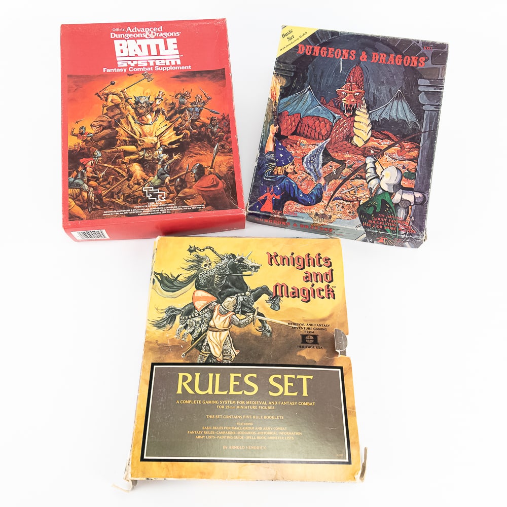 80s Dungeons & Dragons Set Assortment & More: Collection features 1980s Dungeons & Dragons Basic Set TSR 1001 & 1980s Advanced Dungeons and Dragons Battle System combat supplement; Knights & Magic Heritage Rules; Sets appears complete with