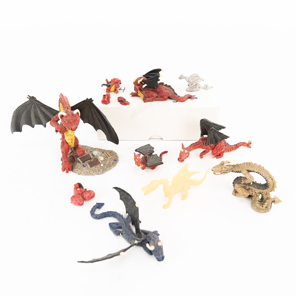 Vintage Dungeons & Dragons Dragon Assortment: Collection of 1980s Dungeons & Dragons (3.75"t x 3"d x 5"l) hand painted Grenedier featured on trasure with "baby with eggs" dragons, painted Lava Dragon (1.5"t x 1"d x 3.25"l), painted Fire