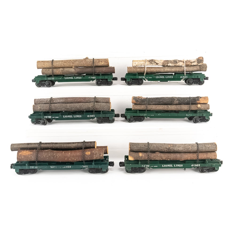 (6)Lionel O Gauge 6361 Timber Carrier Railway Cars: Collection features (6) Lionel O gauge Lionel Lines 6361 log timber flat railway cars ( one with chain replacement). Very good to good overall condition with minor cosmetic imperfections associated wi