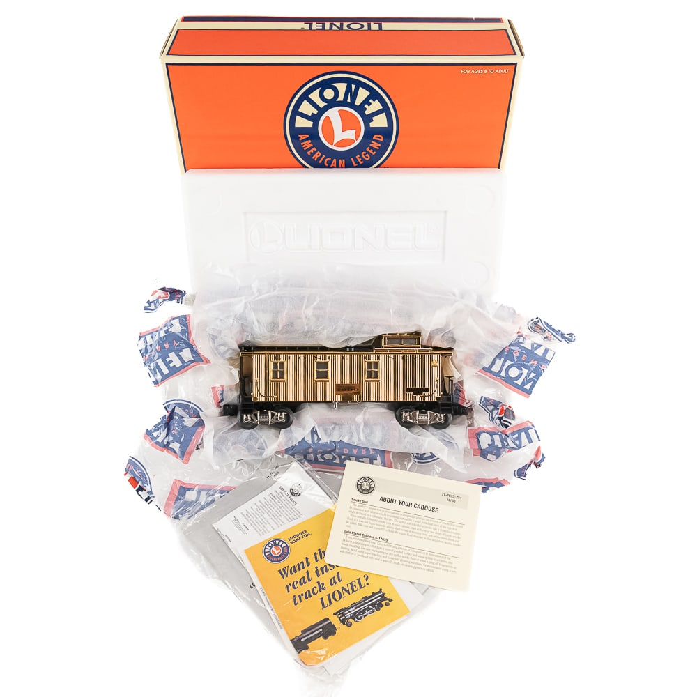 Lionel Trains 100th Anniversary Gold Plate Caboose: Lionel Trains 100th Anniversary Gold Plated Caboose no. 6-17635 in excellent overall condition; still featured inside original packaging. Perfect addition to your collection, Exactly as pictured.