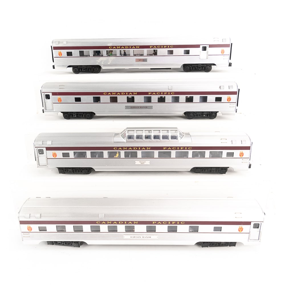 Lionel O Gauge Canadian Pacific Passenger RR Cars: "O" gauge Lionel Canadian Pacific aluminum passenger railway car collection ; including Skyline 517, (2) Dawson & Manor & Kent assorted passenger railway cars. Present very well with minor signs of ag