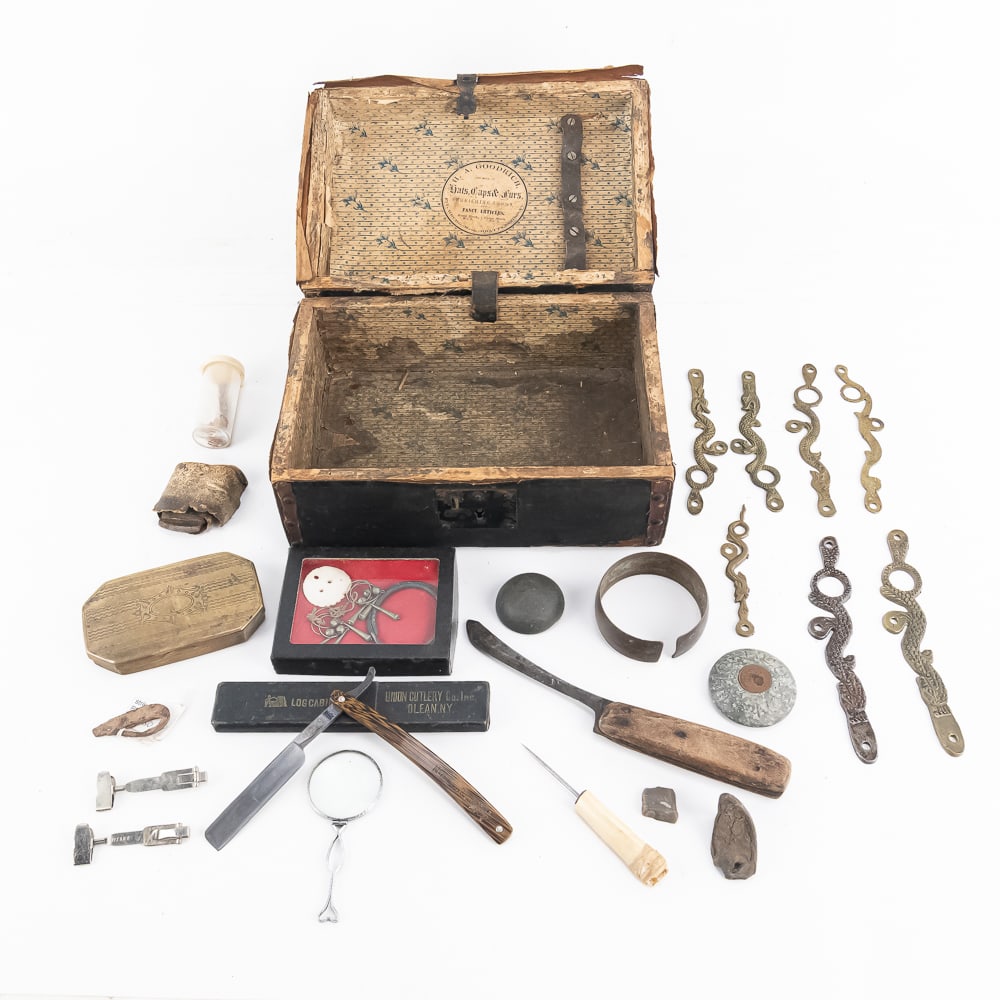 Antique Traveler Box & Curiosities Lot: An intriguing collection of vintage and antique curiosities centered around a dome-top wooden traveler's box lined with an H.A. Goodrich Hats, Caps & Furs (Chicago) paper label. The eclectic