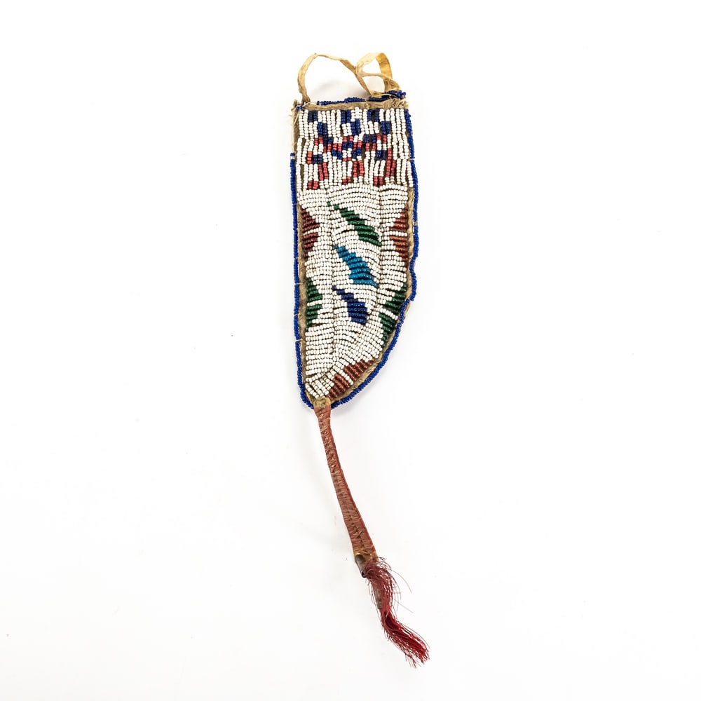 Plains Beaded Knife Sheath with Quills-Late 19th C: This striking piece is an authentic late 19th-century Plains Indian knife sheath, likely Lakota (Sioux) or Arapaho, dating to the 1890s. It features classic "Reservation Era" aesthetics, including a