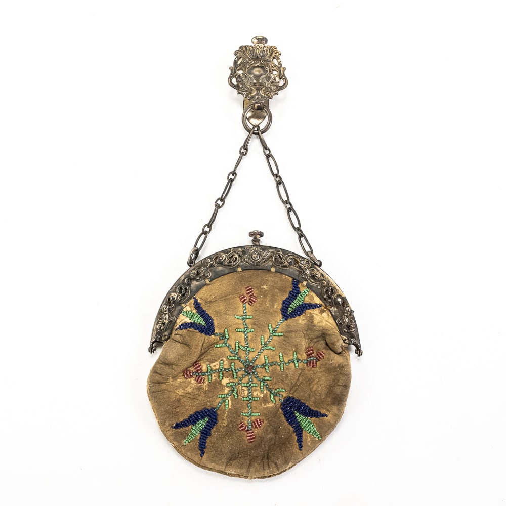 Antique "Perfection" Cherub Chatelaine Purse: This exquisite late Victorian-era chatelaine purse showcases the refined craftsmanship of the late 19th century, featuring a hand-beaded floral motif on a soft buckskin or chamois leather body. The