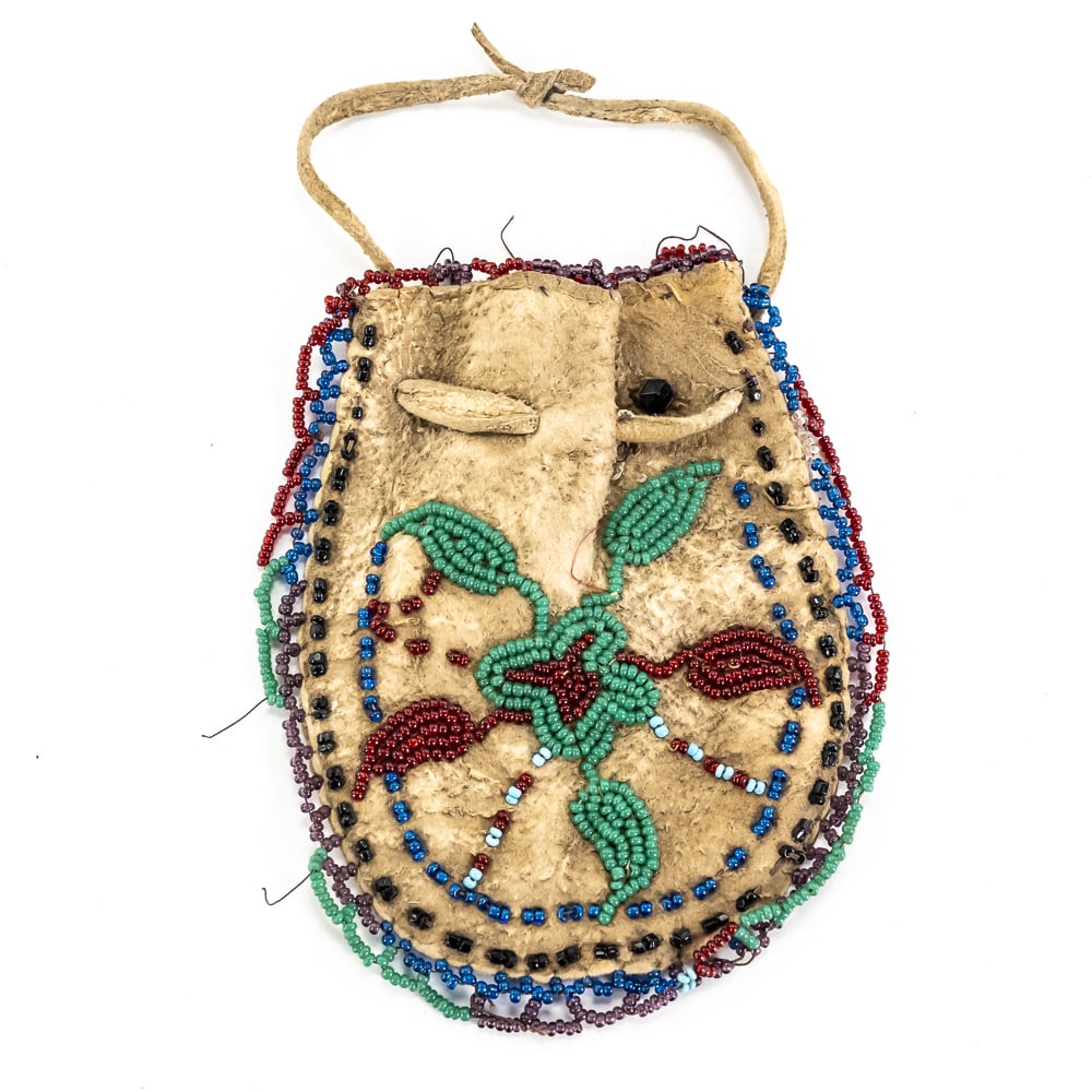Vintage Native American Beaded Pouch: Handcrafted with a refined eye for traditional aesthetics, this buckskin pouch showcases the vibrant "contour" beadwork typical of the Plateau or Great Lakes regions. The front face features a