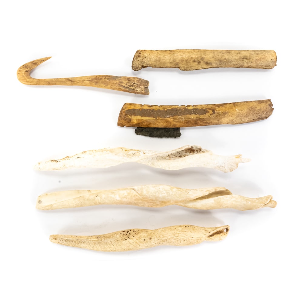Collection of Bone & Shell Tools (6): This fascinating assemblage of 6 prehistoric-style maritime and domestic tools features three spiral-cut shell columella awls (likely crafted from whelk or conch) between 7” and 9.25”
