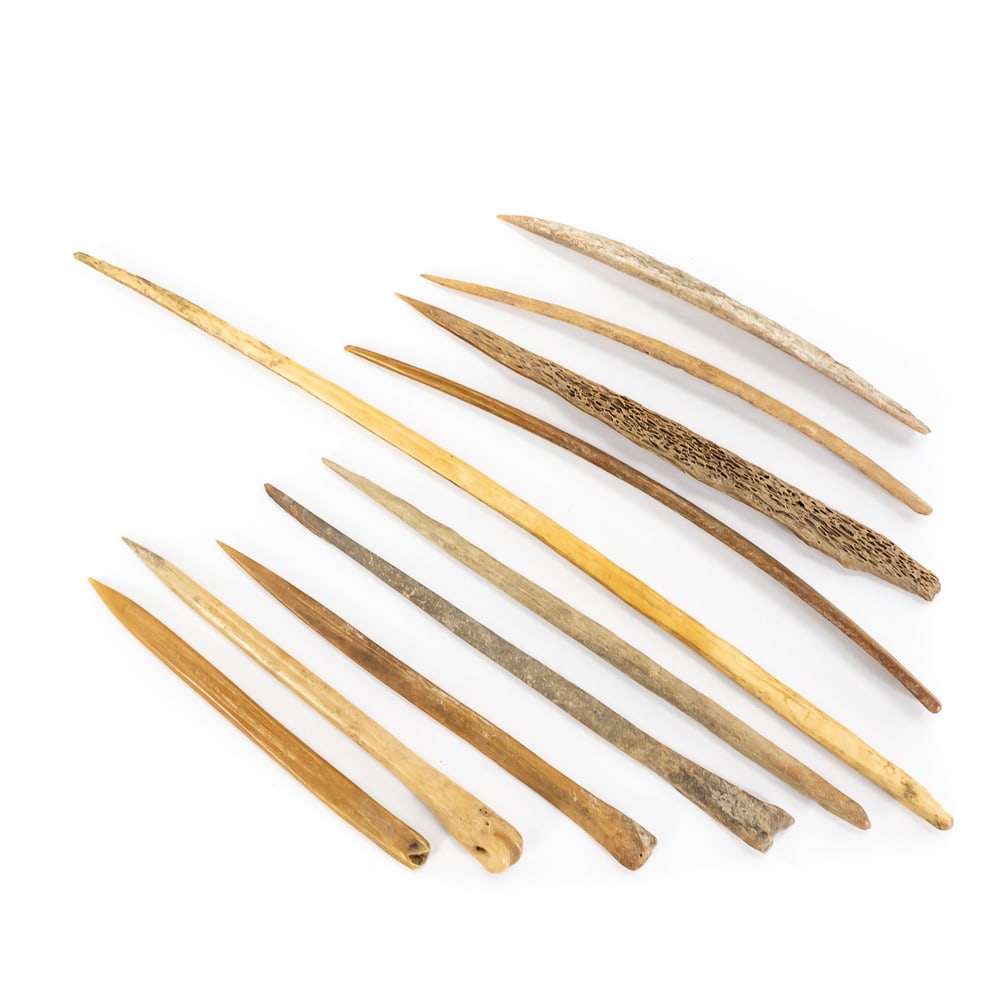 Cowboys and Indians Stuff from Iowa: This remarkable collection features ten hand-crafted bone implements, likely prehistoric or early indigenous awls and needles used for hide-working, basketry, or weaving. These artifacts showcase