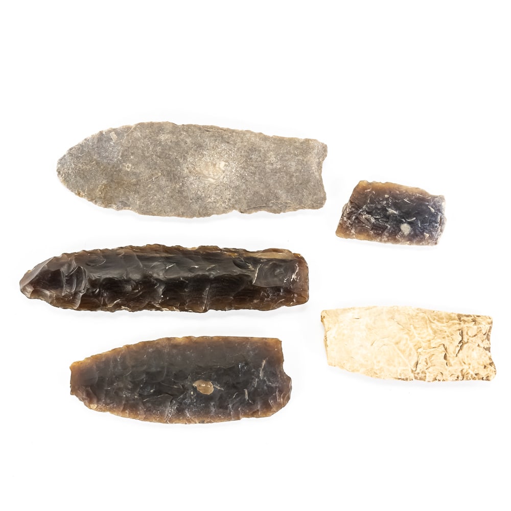 5 Pc Paleo-Indian Style Lithic Tools: This exceptional 5-piece set showcases a range of early North American lithic styles, most notably featuring Agate Basin and Eden-style lanceolate forms. The collection is dominated by a long, slender