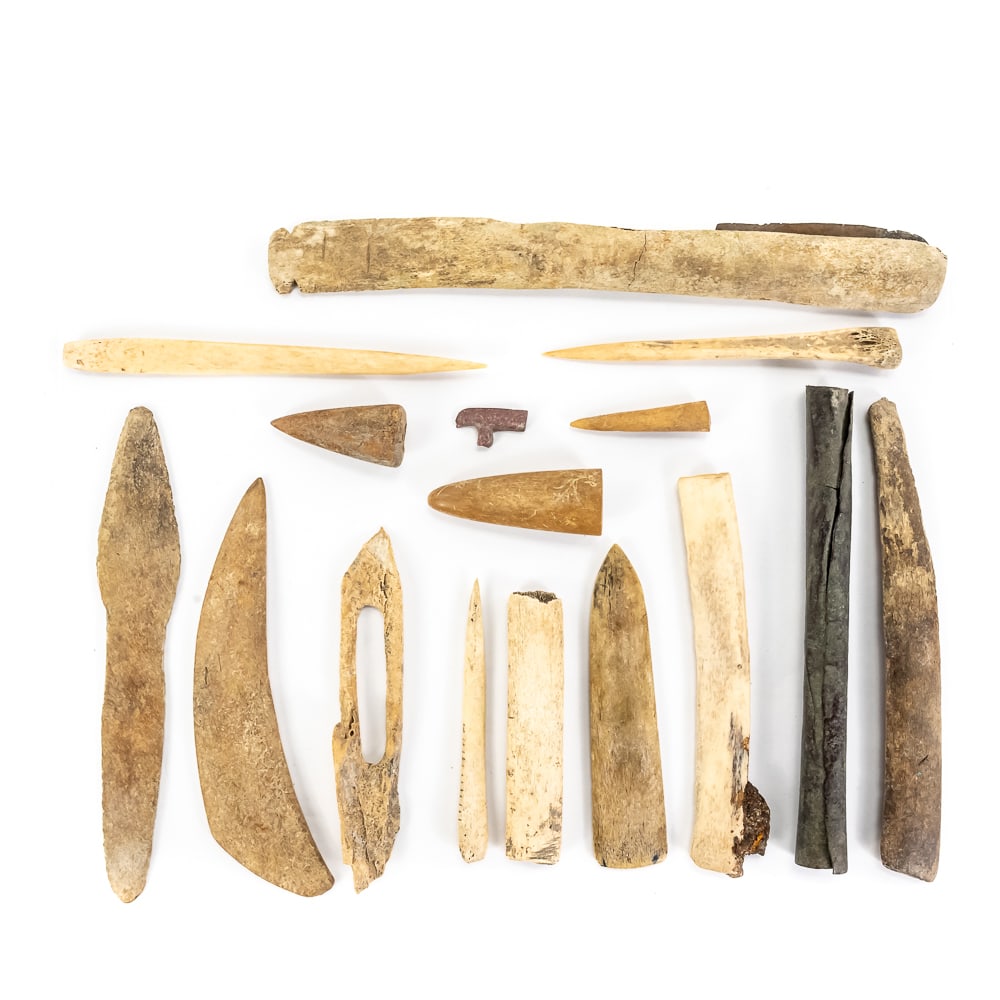 Assorted Bone & Stone Artifact Collection (16): This 16-piece assemblage features a diverse array of prehistoric-style tools and ritual items, likely of North American indigenous origin, showcasing early lithic and bone technology. The collection