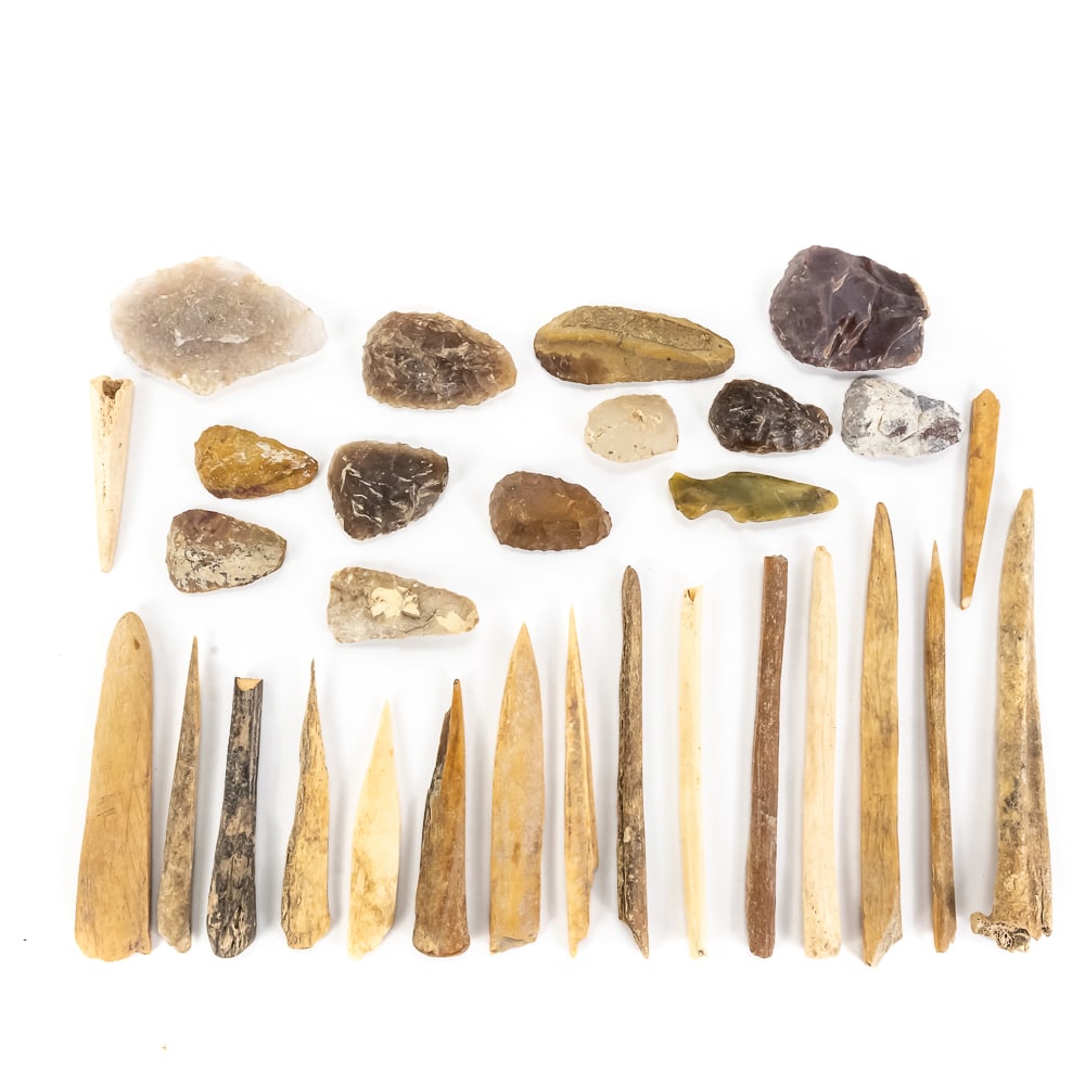 Ancient Lithic & Bone Tool Assemblage (30): This significant 30 pc collection showcases the transition between lithic and organic technology, featuring several worked stone scrapers, bifacial tools, and a notable lanceolate projectile point