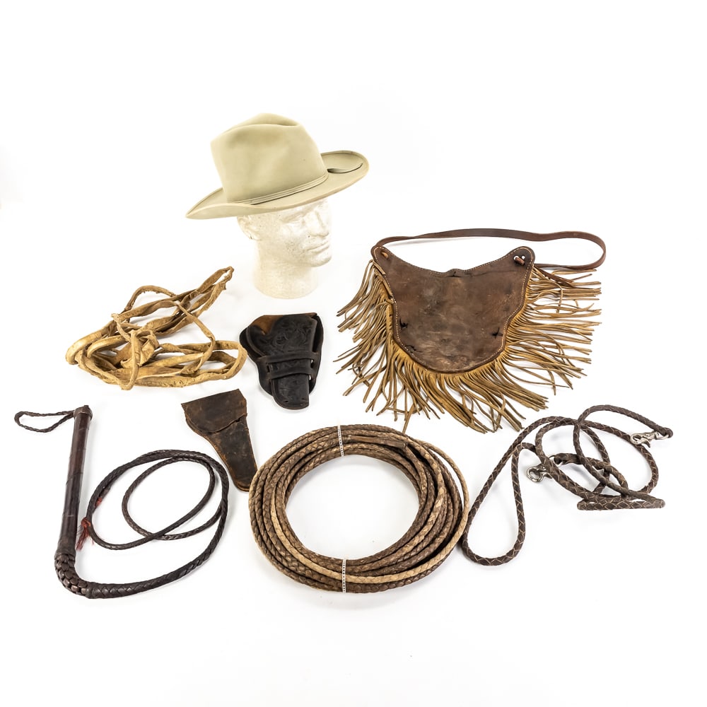 Stetson Star West & Western Leather Lot: This authentic cowboy collection features a Stetson "Star West" 3X beaver felt hat in a silver-belly hue, complete with its original red satin lining and branded leather sweatband. The hat is