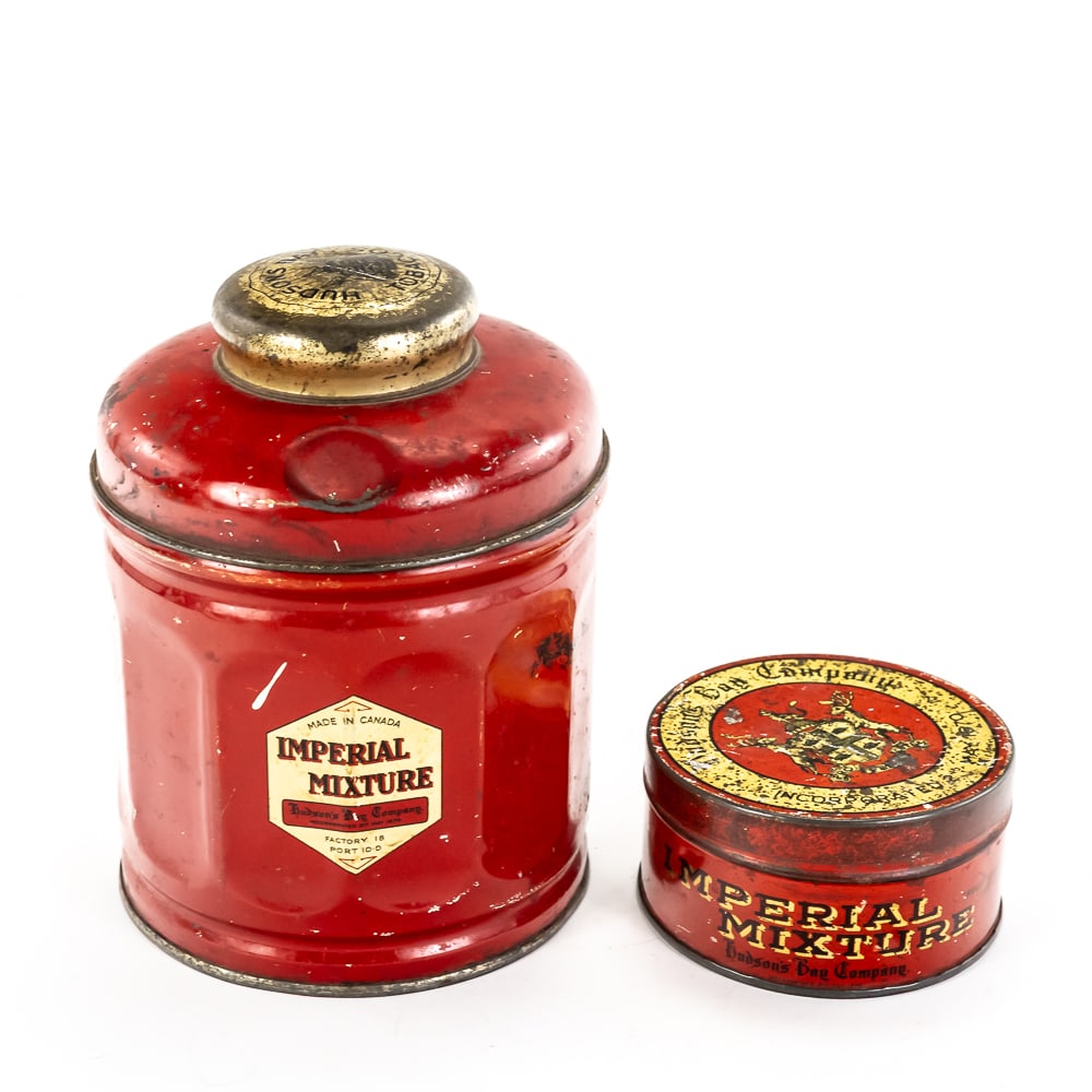 Hudson's Bay Co. Imperial Mixture Tins: This pair of vintage tobacco tins represents the storied history of "The Governor and Company of Adventurers of England Trading into Hudson’s Bay," featuring the iconic "Imperial Mixture"