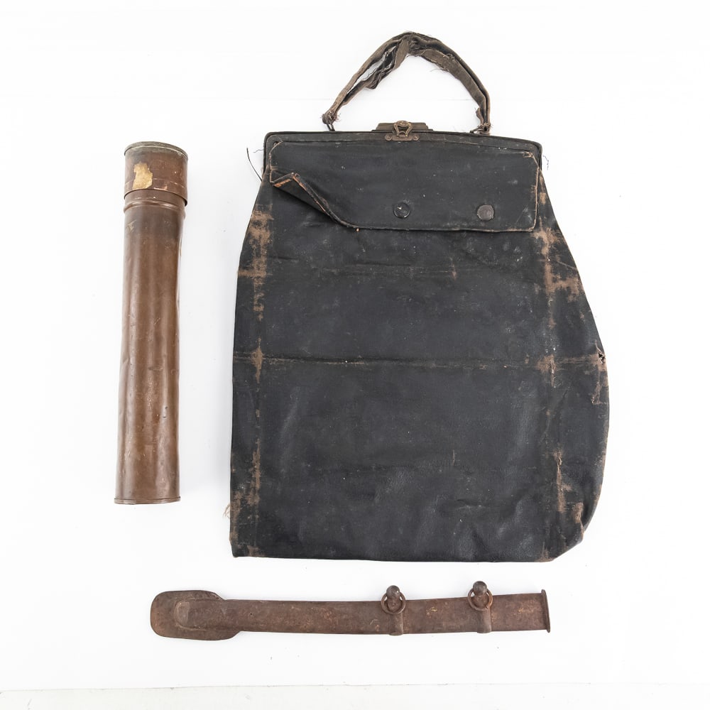 Antique Bag, Brass Tube & Scabbard Lot (3): This curated collection features a fascinating array of late 19th to early 20th-century militaria and utility items. Central to the lot is a professional-grade leather or heavy oilcloth "Grip" bag