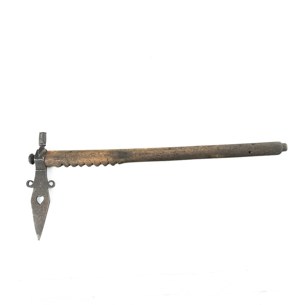 Native American Style Heart Pipe Tomahawk: This impressive frontier-era piece features a hand-forged steel head boasting a distinctive pierced heart motif and scrolled langets, a style often associated with 19th-century trade goods from the Gr