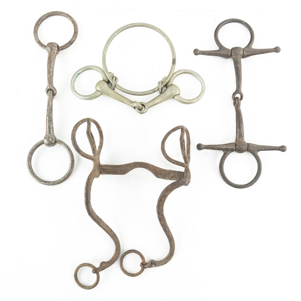 Antique US Army & English Horse Bits (4): This impressive collection features four distinct equestrian bits, representing a diverse cross-section of 19th and early 20th-century tack. The highlight of the group is a rare U.S. military