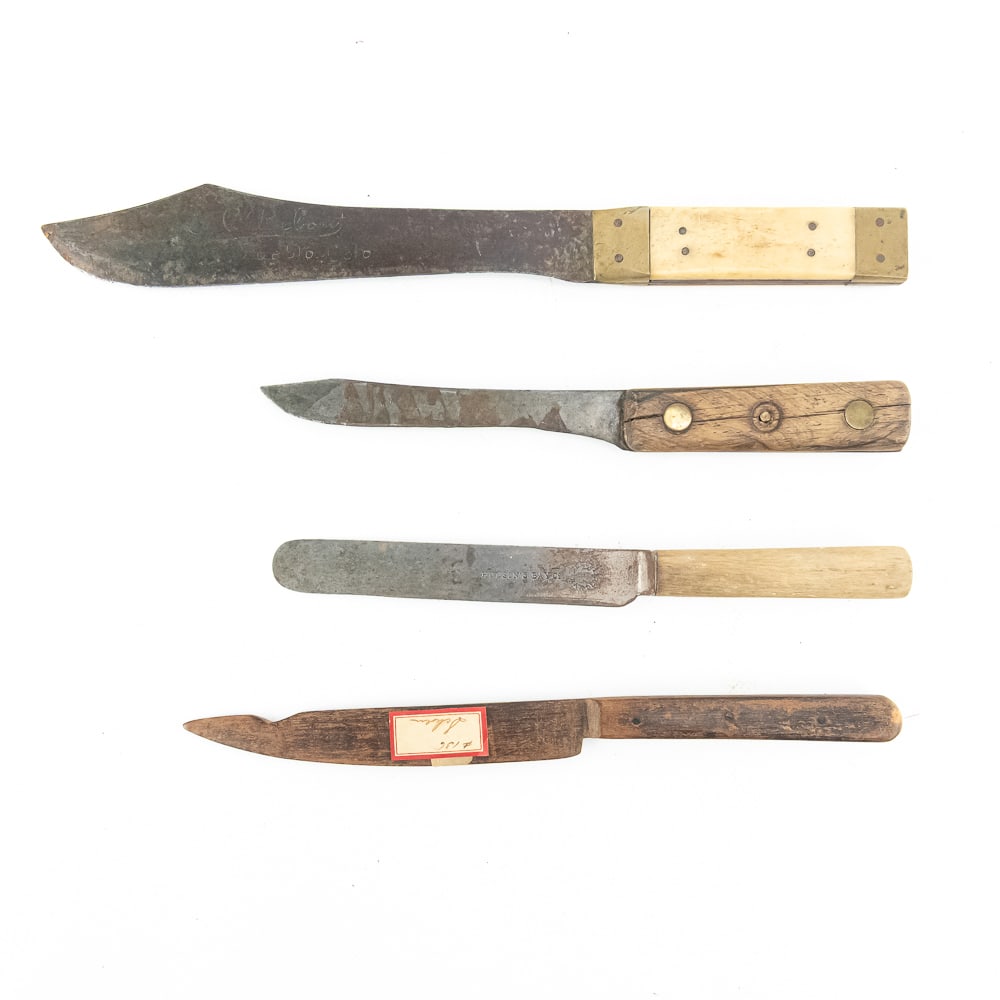 G.C. Belmont Pueblo Colo. & Hudson Bay Co Knives: This significant collection of Western cutlery is led by a rare 19th-century trade-style knife etched with "G.C. Belmont" and "Pueblo Colo." in a flourishing script. G.C. Belmont was a noted hardware
