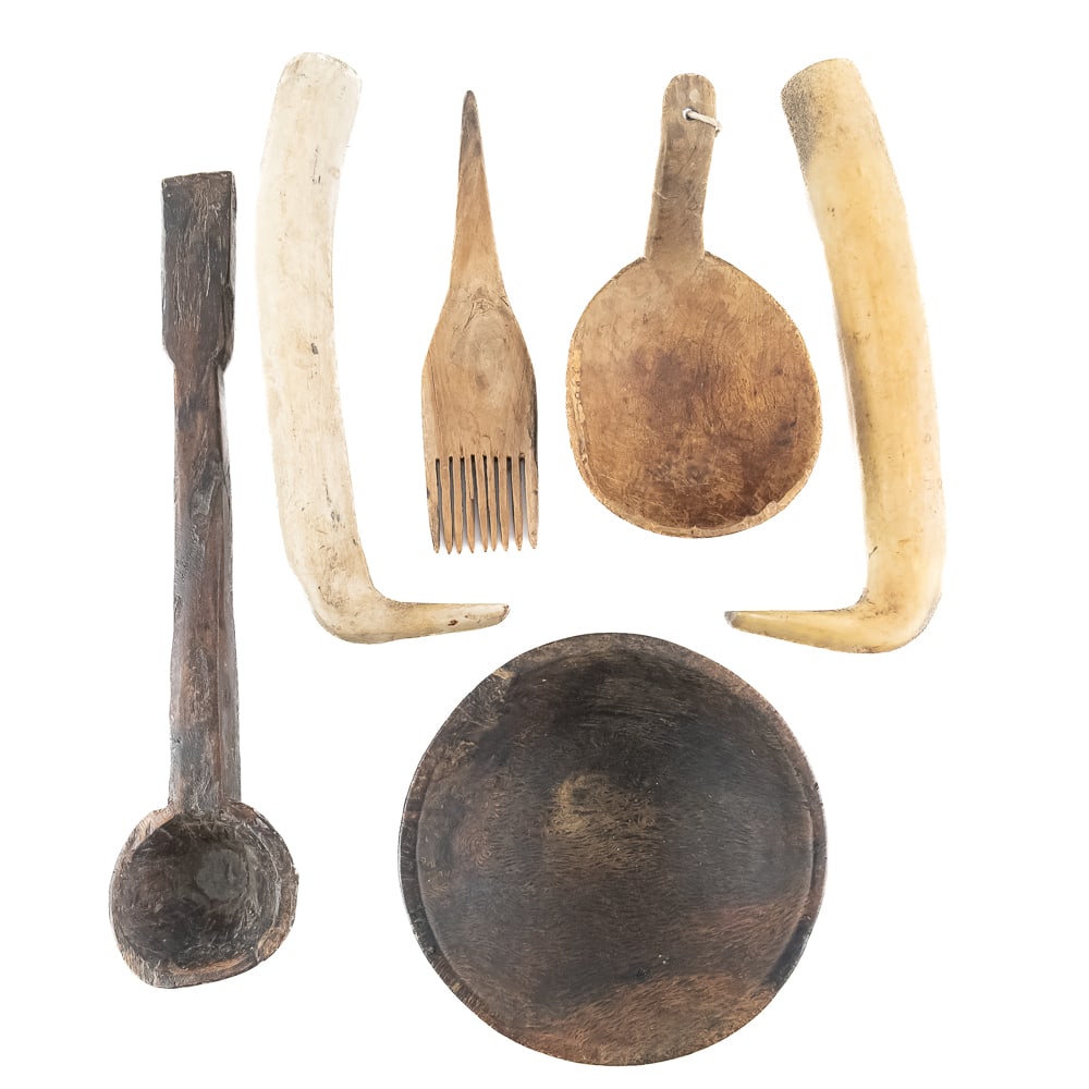 Antique Hand-Carved Primitive Tool Set (6): This collection is a remarkable assembly of ethnographic or pioneer-era utility items, likely dating from the 19th to early 20th century. The group features a hand-turned or hewn wooden bowl, a