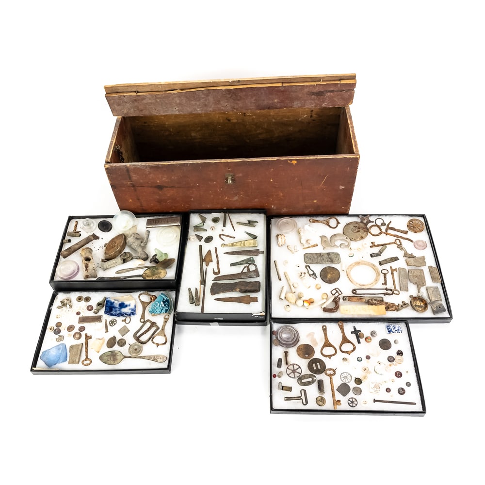 Antique Dug Artifacts & Wood Box Lot: This impressive collection of dug relics offers a tangible glimpse into 19th and early 20th-century life, likely recovered from homestead or privy sites. The lot includes five Riker mounts filled with