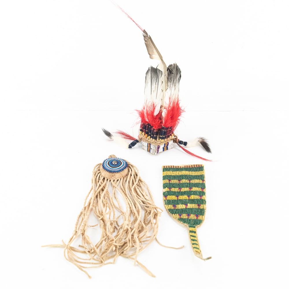 Vintage Native American Style Beaded Regalia Lot: This collection features three intricately crafted pieces of Native American style regalia, likely mid-to-late 20th-century artisan or hobbyist creations. The centerpiece is a beaded leather knife she