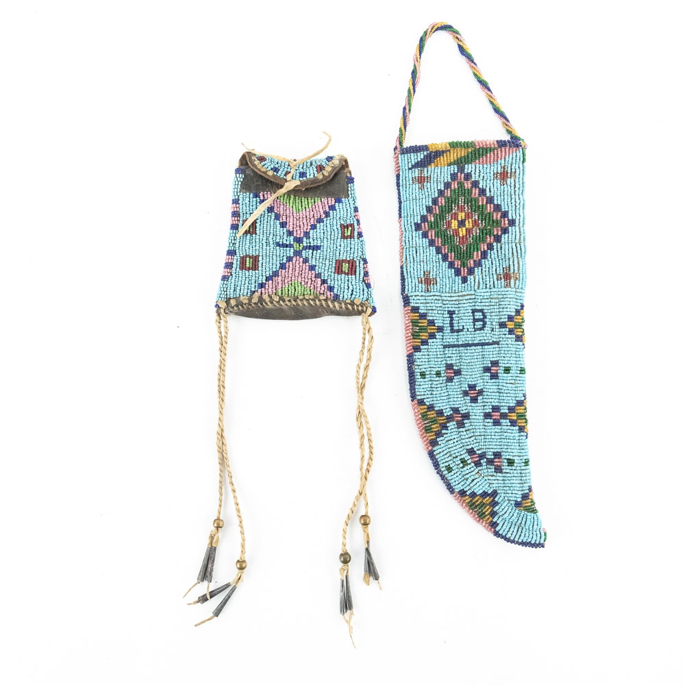 Beaded Scout Scabbard & Pouch Set: This striking set showcases the vibrant "Reservation Blue" palette typical of mid-20th-century Plains or Plateau beadwork. The ensemble includes a tapered knife scabbard and a small, coordinating