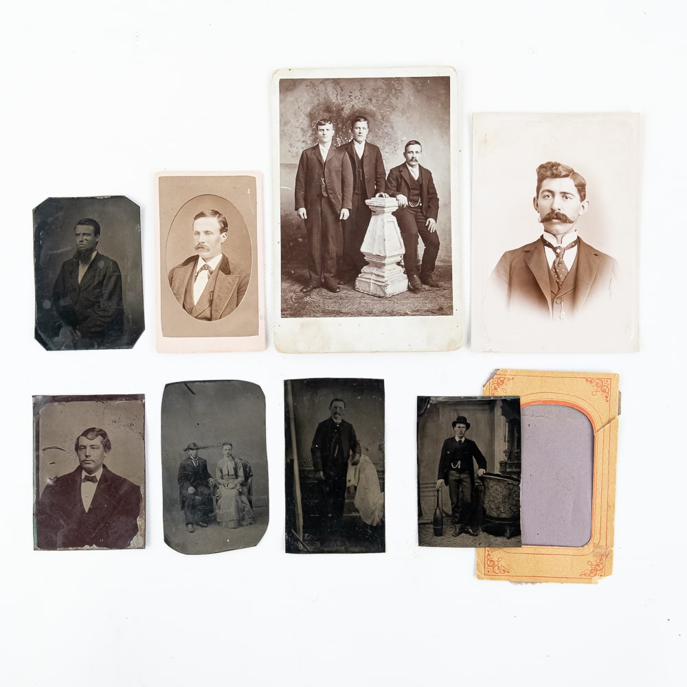 C.S. Fly Tombstone Sheriff Photo Lot (8): This historical assembly features cabinet cards and tintypes purportedly from the renowned Camillus Fly Studio in Tombstone, Arizona Territory. The collection includes identified portraits of