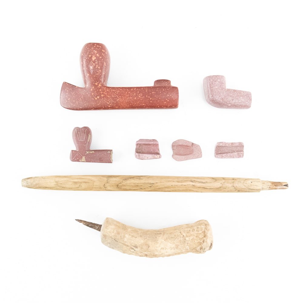 Native American Catlinite Pipe Collection (8): This select group features three distinct red catlinite (pipestone) pipe components alongside a frontier-era antler awl. The catlinite pieces, synonymous with Great Plains ceremonial traditions,