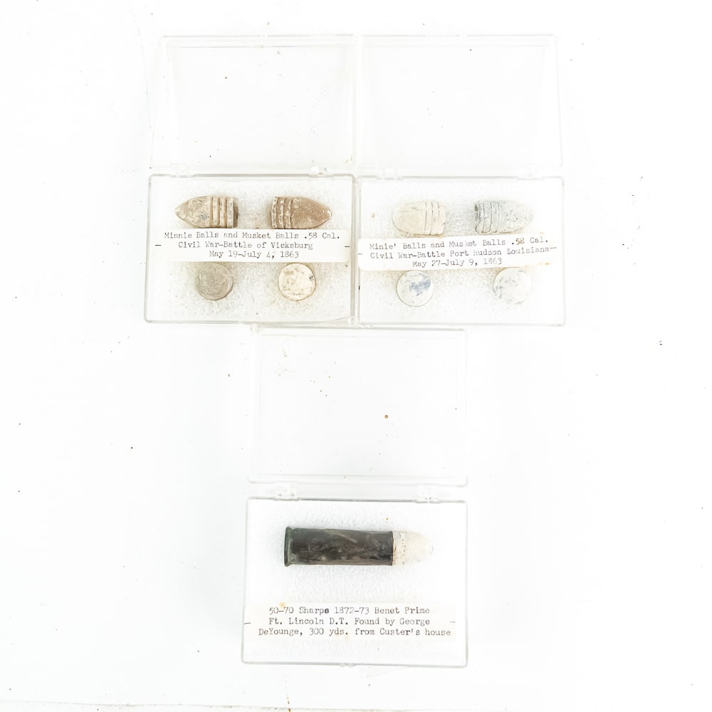 Ground dug Civil War Ammunition Lot: Lot of ground dug mostly Civil War bullets. Lot includes 2 Minie Balls and 2 round ball reputed to be dug from Vicksburg, MS battlefield, 2 Minie Balls and 2 round ball reputed to be dug from the
