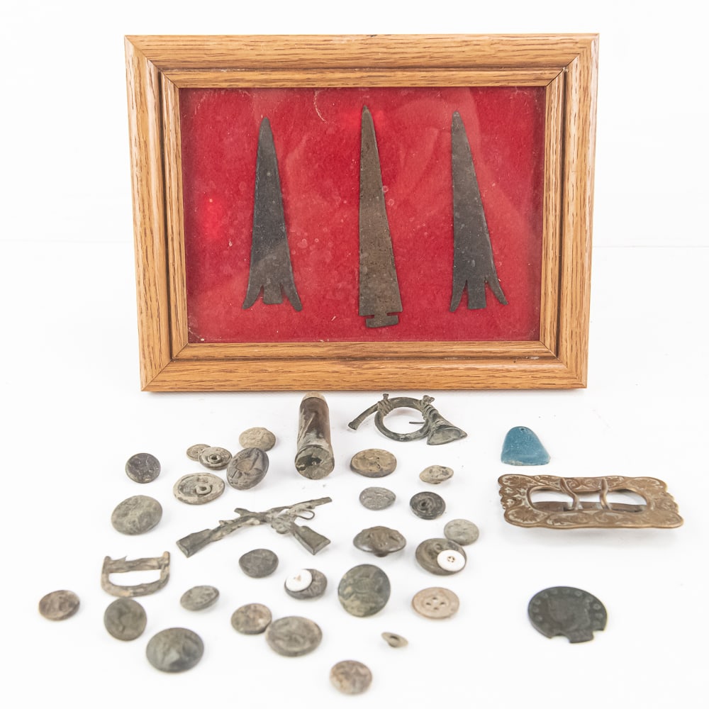 Frontier & Indian Wars Era Collection: This assemblage is anchored by artifacts that define the post-Civil War American West. The three iron trade arrowheads (3.5" to 4.25") are quintessential frontier commerce items used well into the