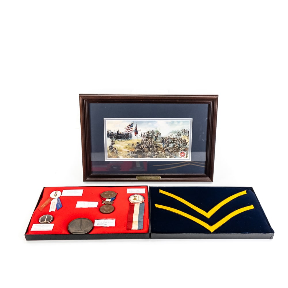 G.A.R. & Civil War Memorabilia Group: This collection features high-quality items primarily centered on the Grand Army of the Republic (G.A.R.) and Kenosha, Wisconsin, regional history. Included is a pair of yellow felt cavalry sergeant