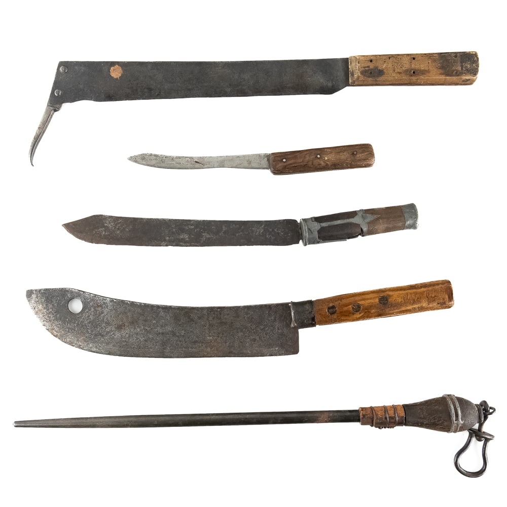Slaughterhouse 5 Tools of the Trade: This is a fantastic, highly specialized set of antique commercial butcher’s or slaughterhouse tools, likely dating from the late 19th century to the early 20th century (circa