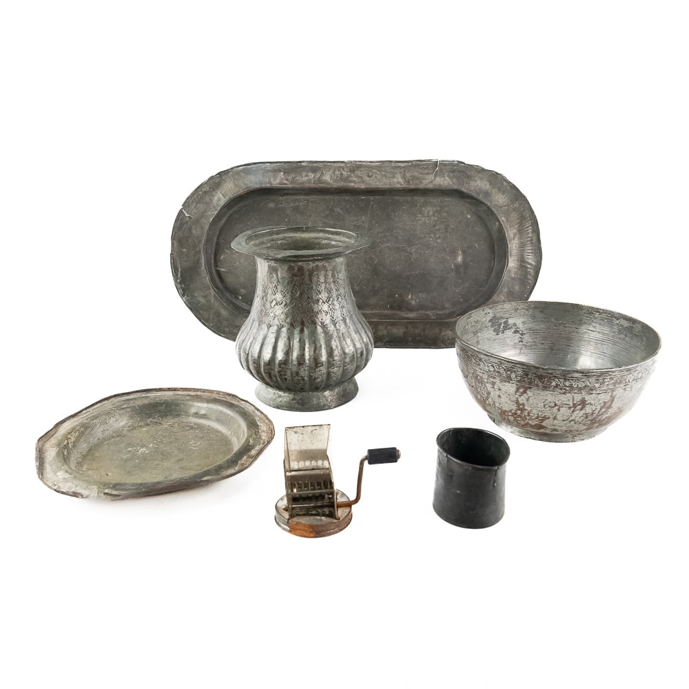 Antique Metalware Assortment, 6 Pcs: An intriguing collection of rustic metalware, showing a wonderful blend of early utility and classic forms. This six-piece lot includes an expansive oval platter, a shallow round plate, a hand-raised