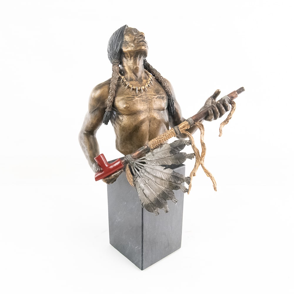 Christopher A. Pardell Bronze Bust 118/950: This striking mixed-media bronze bust by renowned sculptor Christopher A. Pardell, titled from his work with Legends, captures a Native American figure in a profound moment of spiritual reflection,
