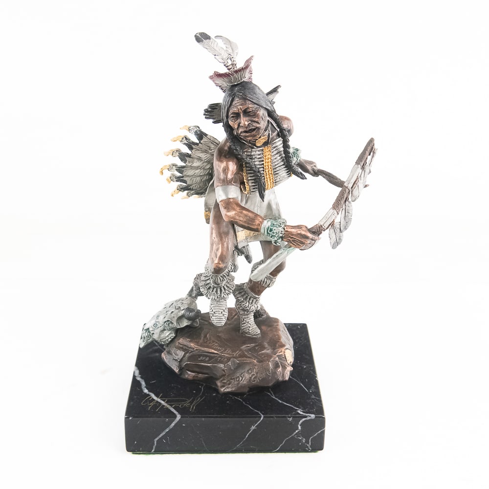 C.A. Pardell Sitting Bull Bronze Statue 398/750: A striking mixed-media bronze sculpture by renowned artist Christopher A. Pardell for Legends USA, titled "Songs of Glory," depicting Lakota leader Sitting Bull in a dynamic ceremonial dance. The