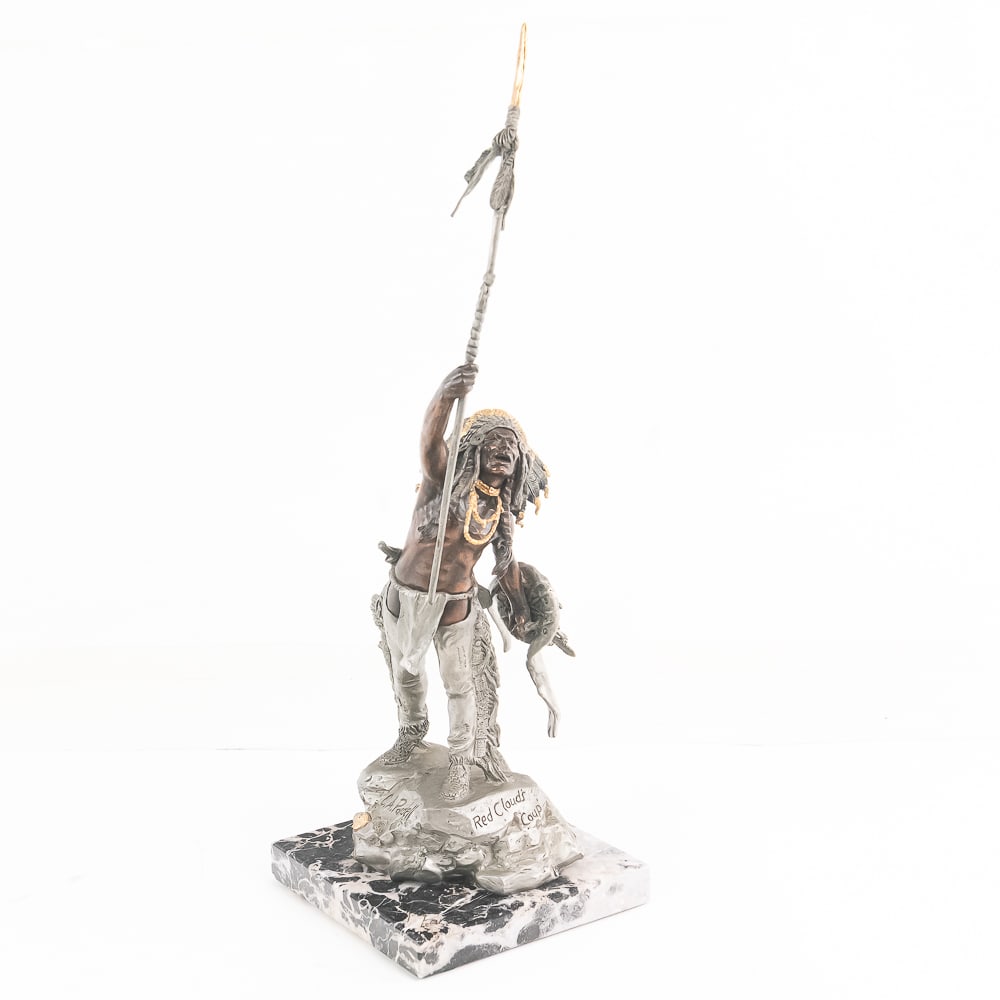 Red Cloud's Coup Pewter Sculpture 398/750: This striking mixed-media fine pewter sculpture, titled "Red Cloud's Coup," is a limited-edition piece crafted by the renowned Western artist Christopher A. Pardell for Legends. Registered as number