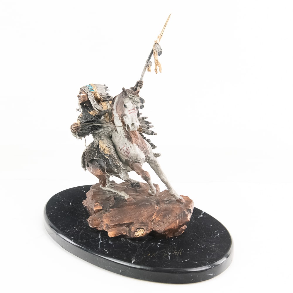 C.A. Pardell Crow Warrior Sculpture 398/750: This striking mixed-media sculpture by renowned artist Christopher A. Pardell, titled "Crow Warrior," masterfully depicts Jim Beckwourth as a Crow warrior charging on horseback. Issued as a limited