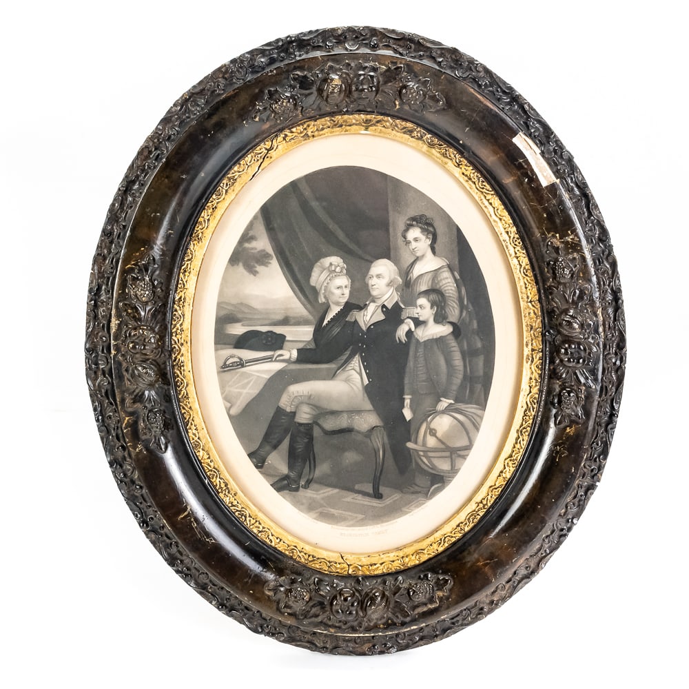 Framed Washington Family Oval Mezzotint Print: This is a charming 19th-century mezzotint titled "Washington Family," a classic piece of American iconography. Engraved by A.B. Walter after a painting by Schell and published by John Dainty at 15 S.