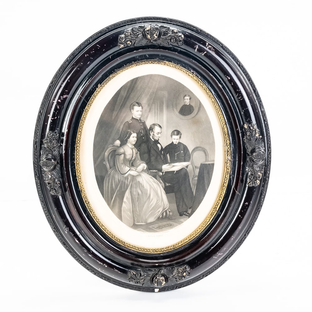 Framed Lincoln Family Period Oval Engraving: This mid-19th-century Americana piece features a classic engraving of the "Lincoln Family," a sentimental Victorian-era grouping including Abraham, Mary Todd, Robert, and Tad Lincoln, with a portrait