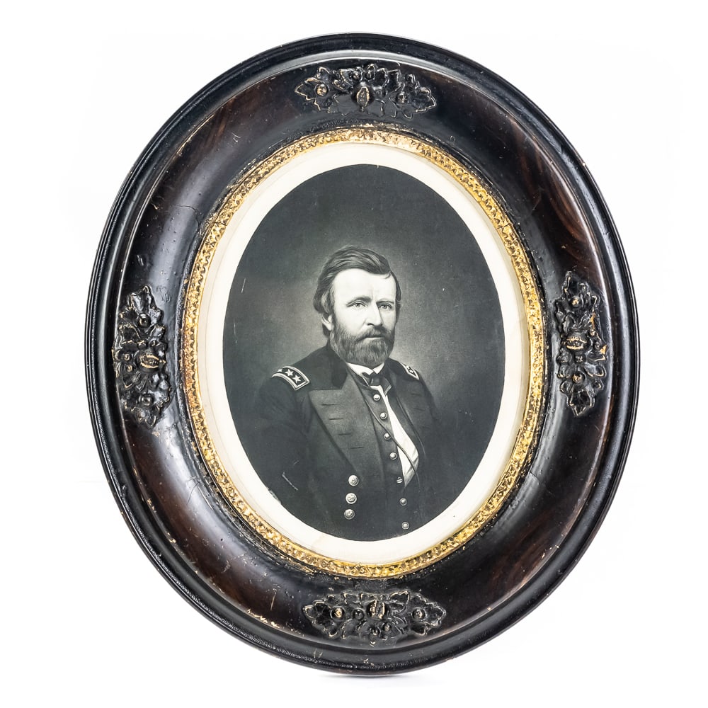 Framed Ulysses S. Grant Oval Portrait Print: This stately 19th-century oval lithograph features a dignified portrait of General Ulysses S. Grant in his military uniform with three-star shoulder straps, noted as being "from a photograph." The