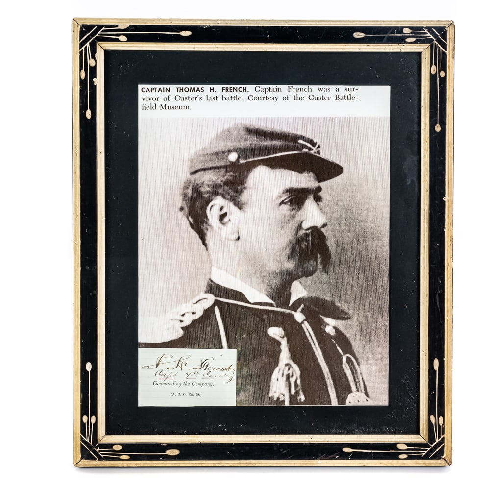 CPT Thomas H French Cut Sig 7CAV Little Bighorn: The true heart of this historical display is an authentic, hand-signed cut signature of Captain Thomas H. French, a legendary figure of the 7th Cavalry and a key survivor of the Battle of the Little