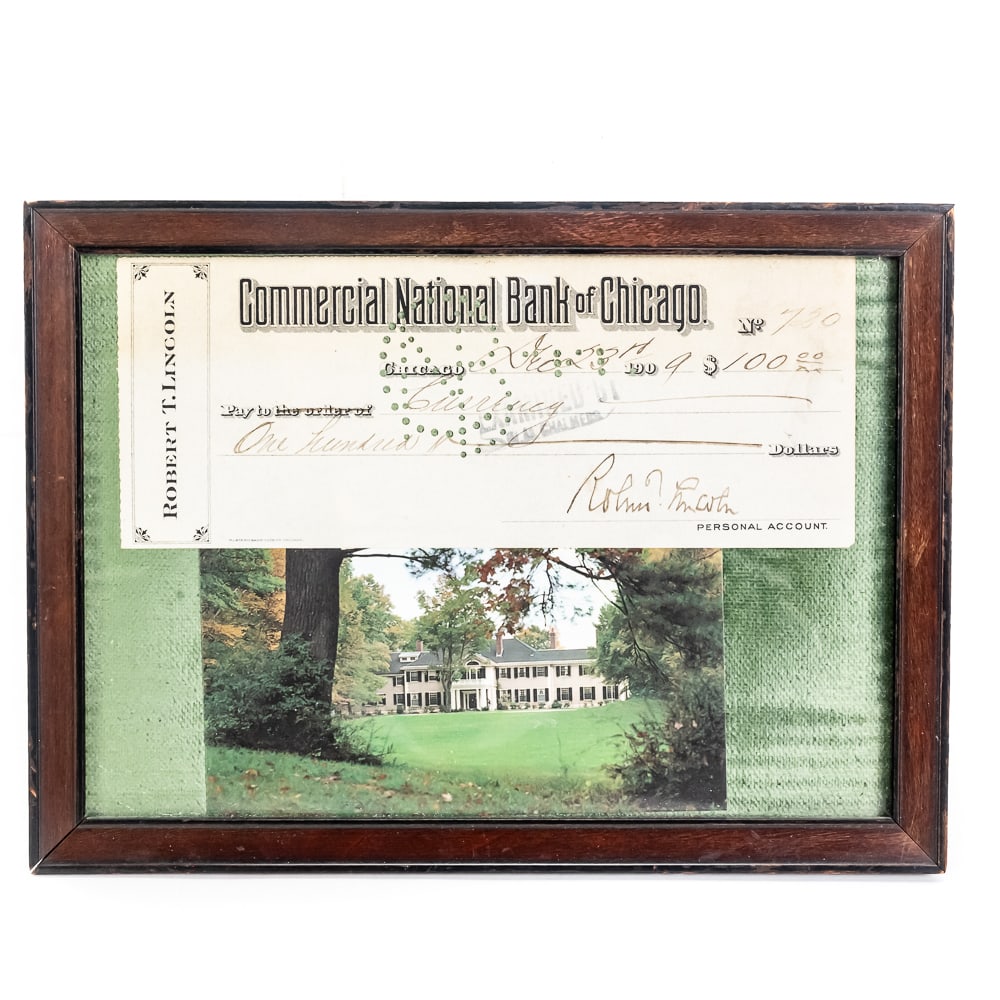Framed Robert Todd Lincoln Signed Check 12/23/1909: This framed historical piece showcases an original personal account check from the Commercial National Bank of Chicago, dated December 23, 1909 (just in time for Christmas). It is check number 720,