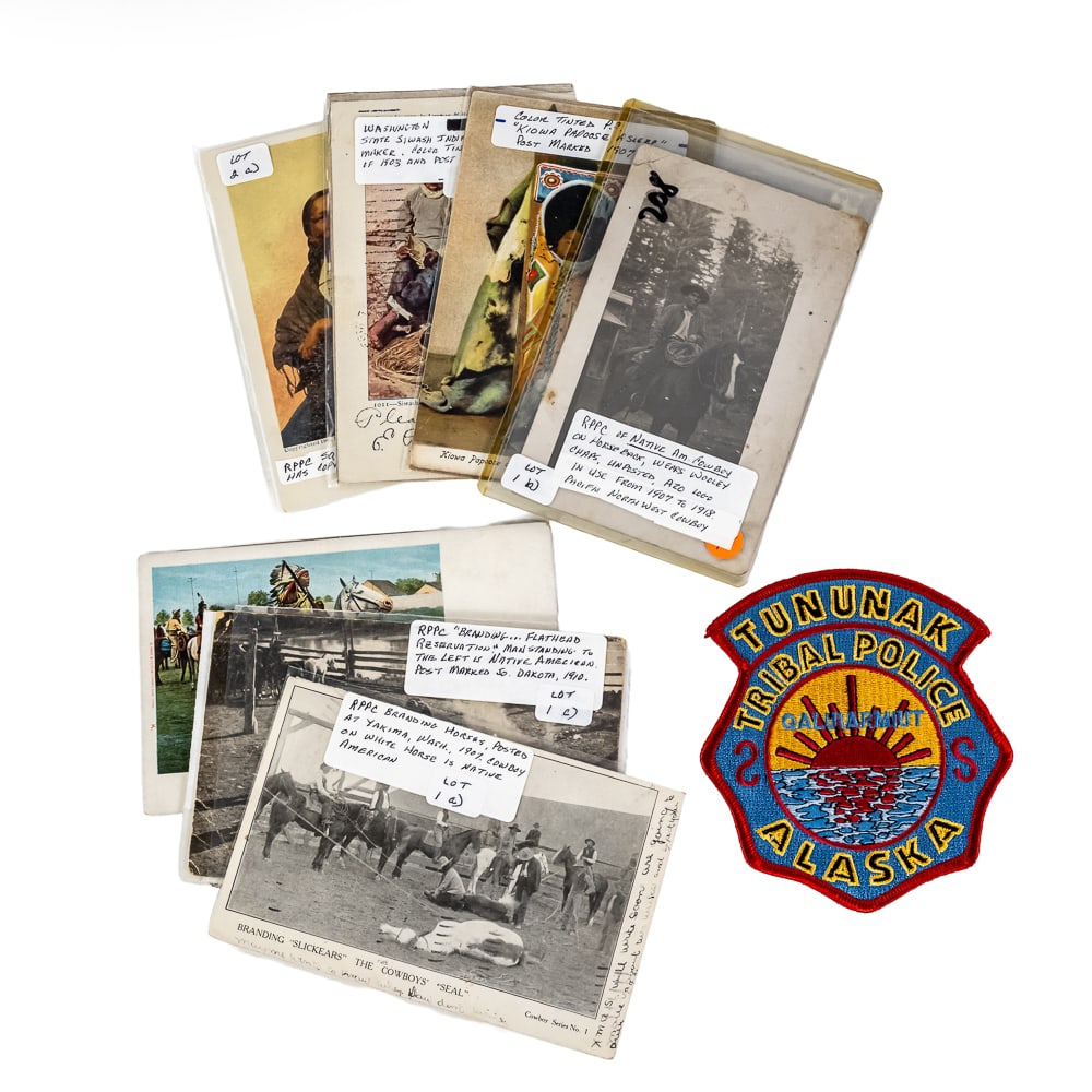 Vintage Native American RPPC & Patch Lot: This historical group features seven early 20th-century postcards and a modern Tununak Tribal Police patch from Alaska. The collection is highlighted by three rare Real Photo Postcards (RPPCs): a