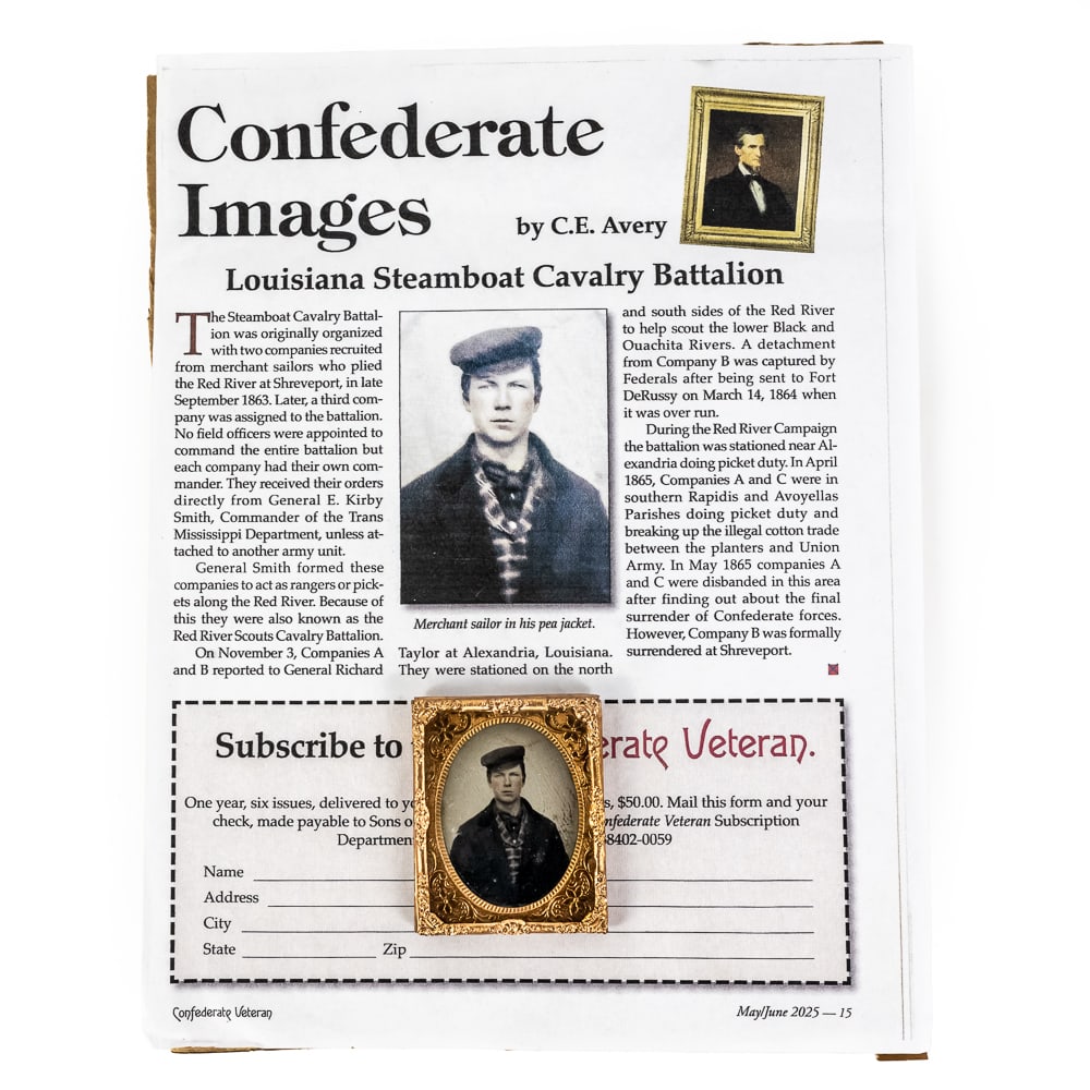 Civil War Confederate LA Merchant Sailor Tintype: This mid-19th-century sixth-plate tintype captures a poignant portrait of a young merchant sailor, dressed in a traditional period pea jacket and flat cap. As documented in the accompanying article