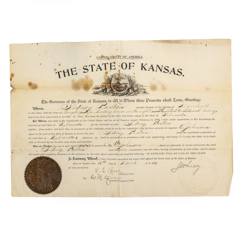 1897 Kansas Governor Extradition Warrant: Issued from Topeka during the administration of Governor John W. Leedy, this official State of Kansas document authorizes the extradition of Sidney Saxton, who stood charged with "Burglary of a